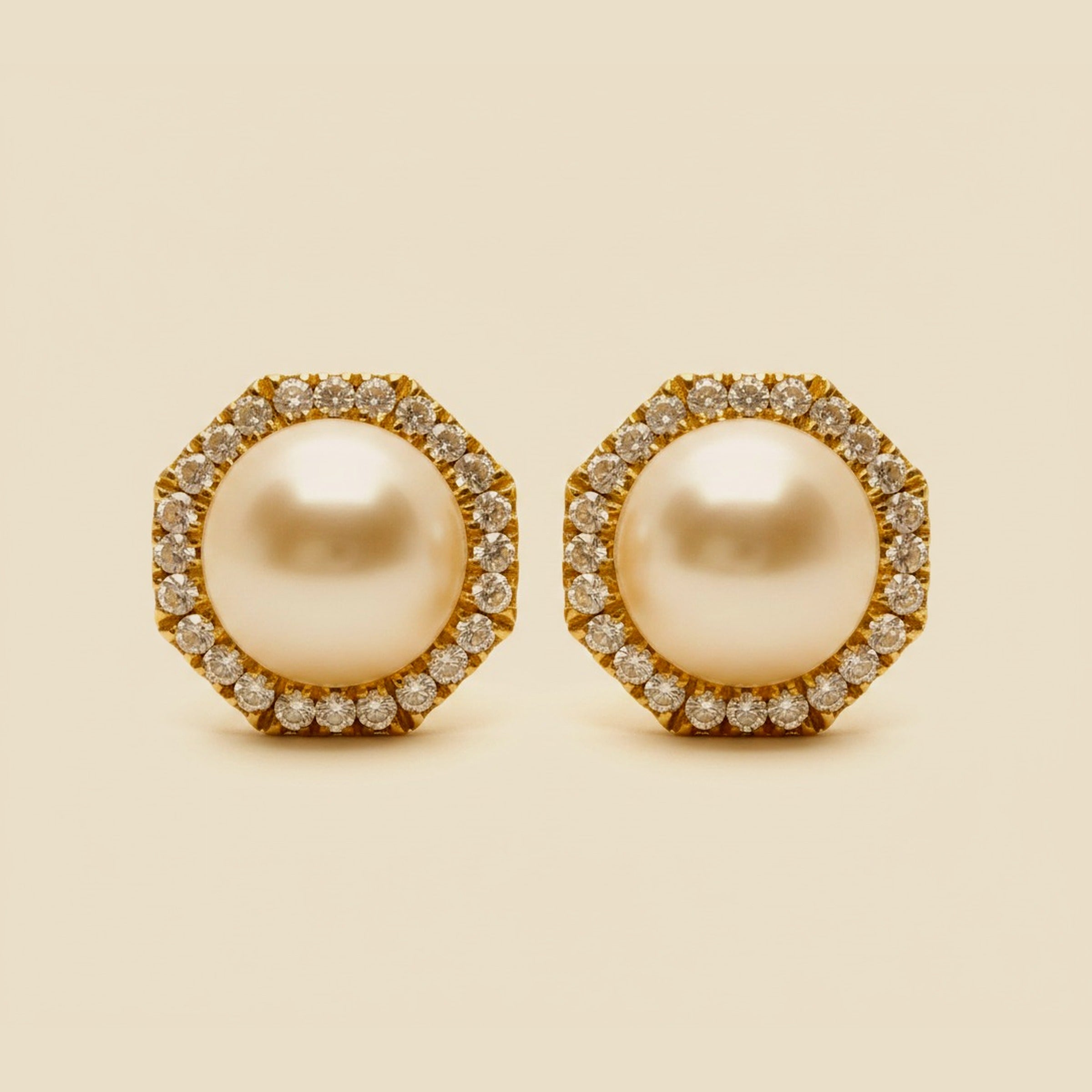 Yellow Gold Octogonal Mabe Pearl & Diamond Earrings