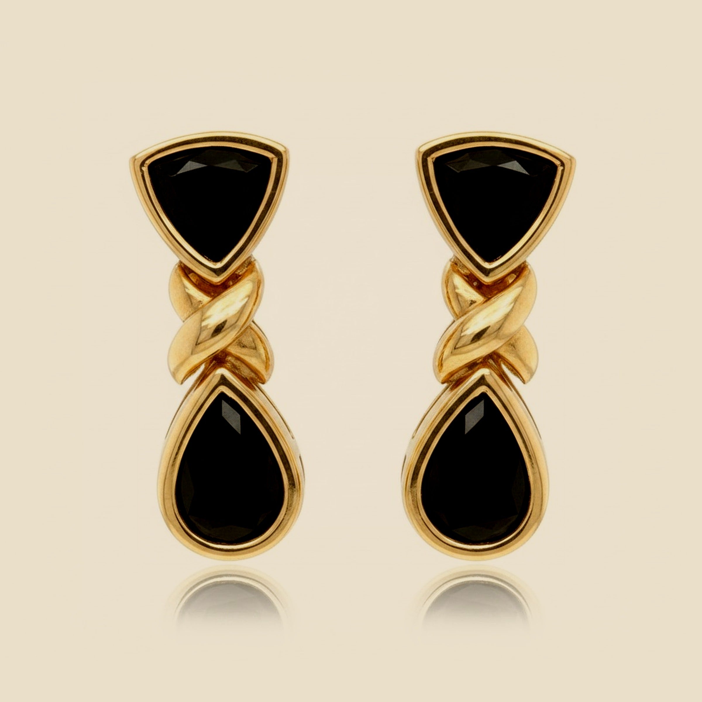 Yellow Gold Onyx Shield & Teardrop Earrings