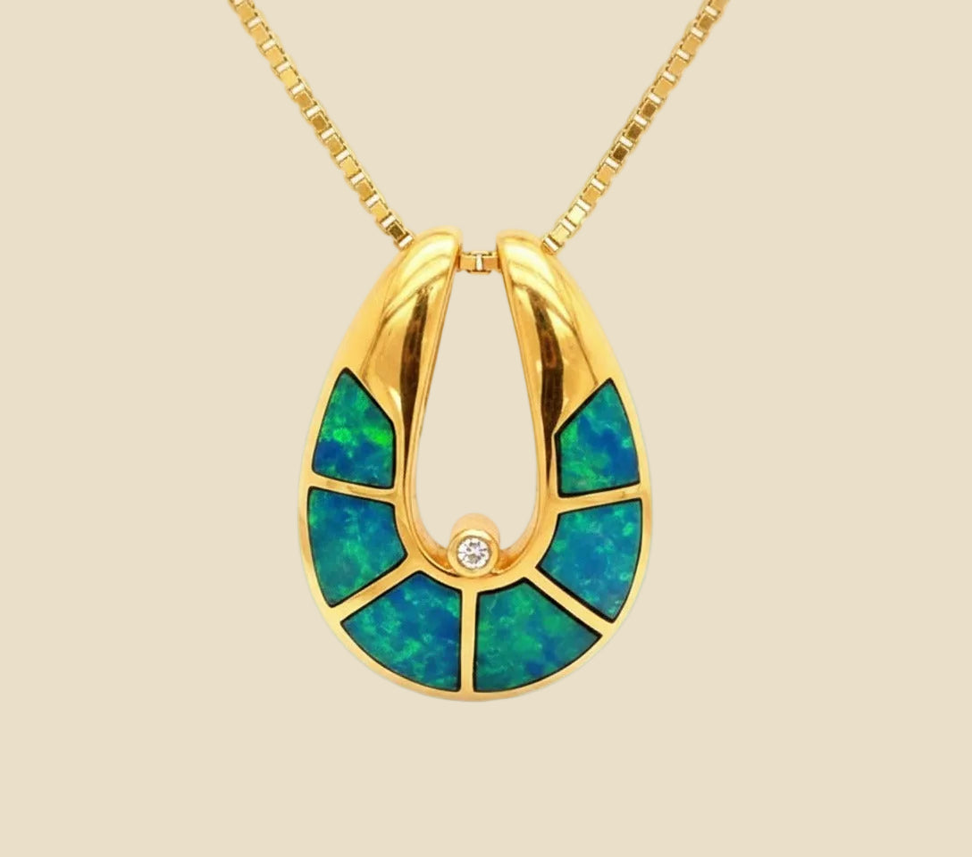 Yellow Gold Opal & Diamond Horseshoe Pendant
