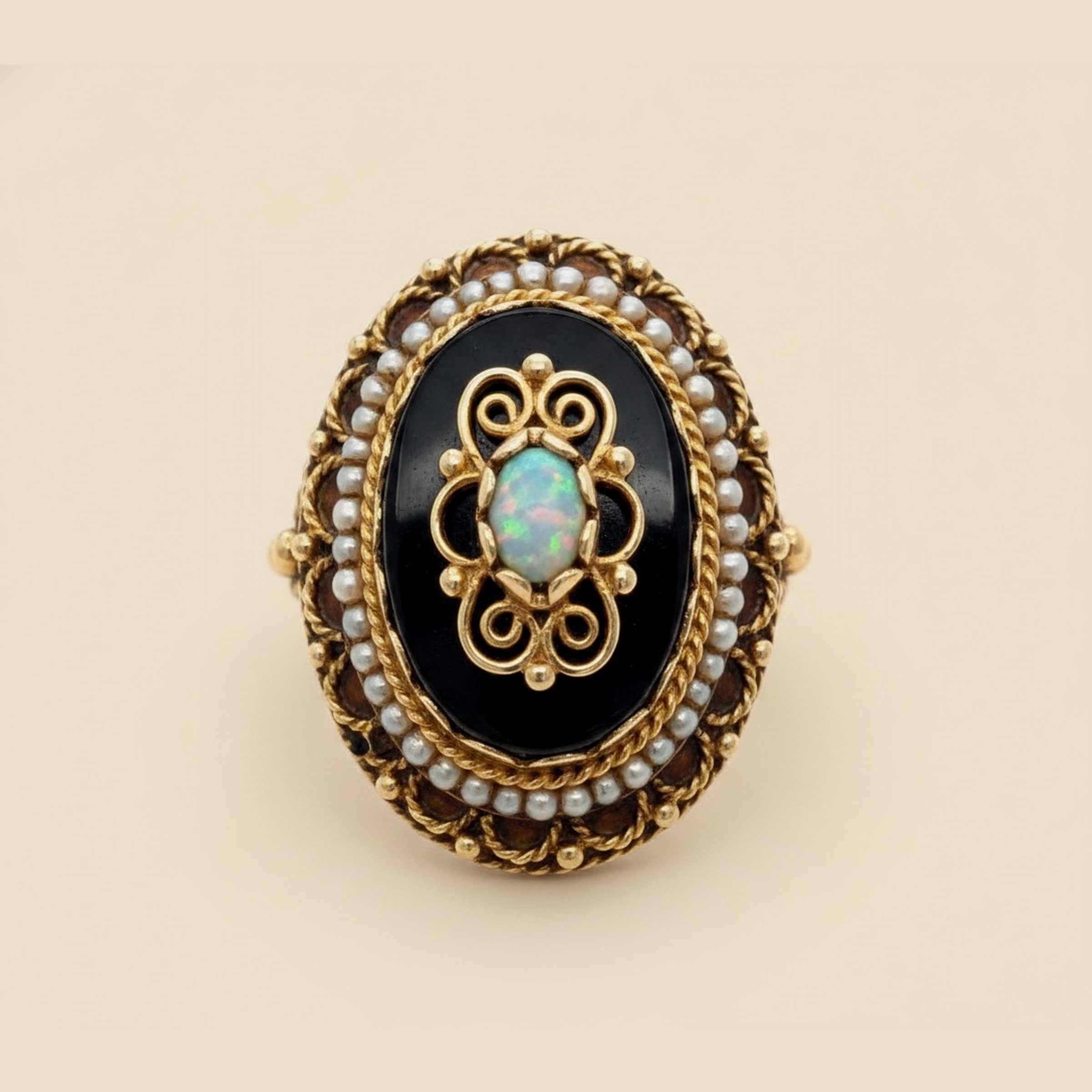 Yellow Gold Opal, Onyx, and Seed Pearl Ring