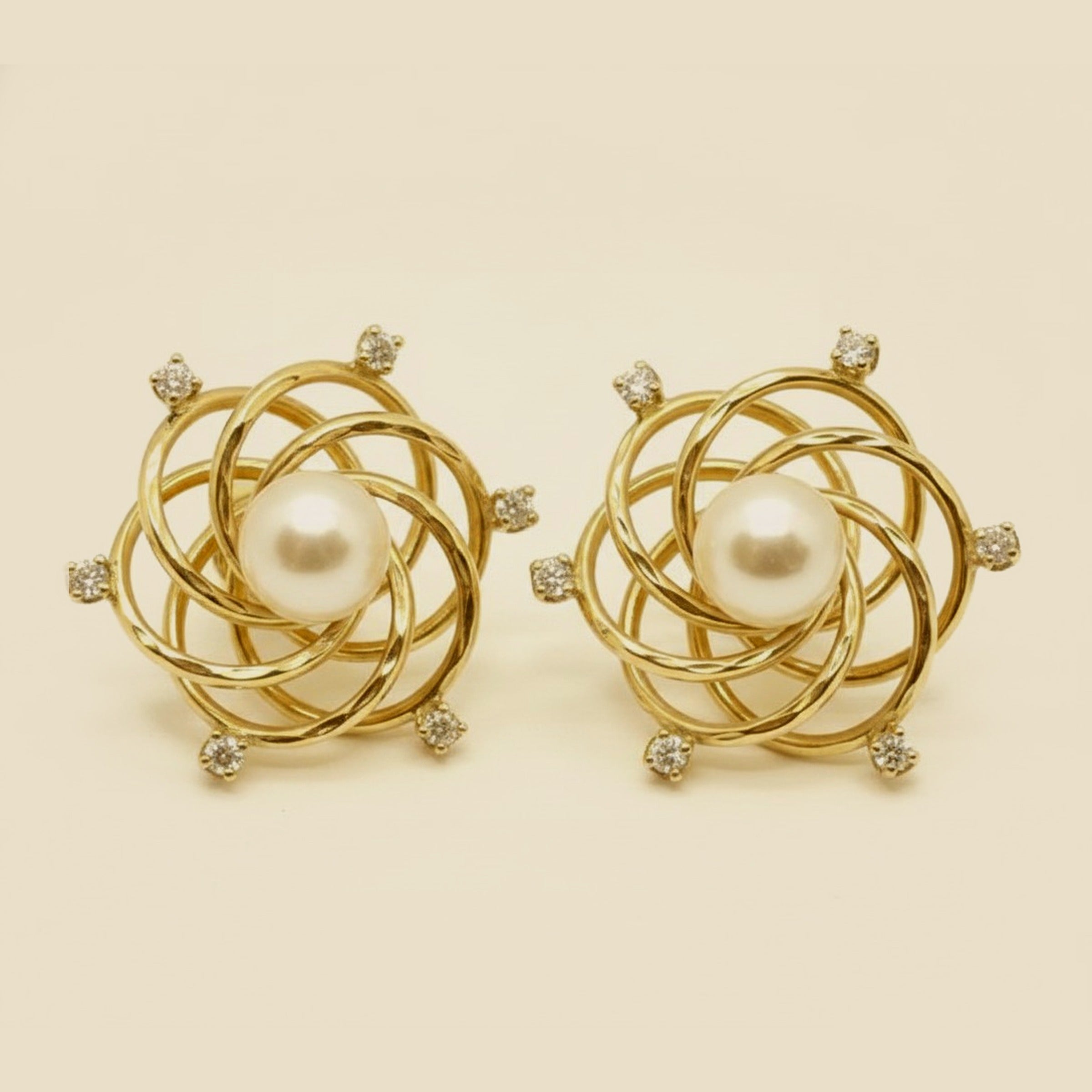 Yellow Gold Open Spherical Earrings with Diamonds and a Pearl – Empire Diamond