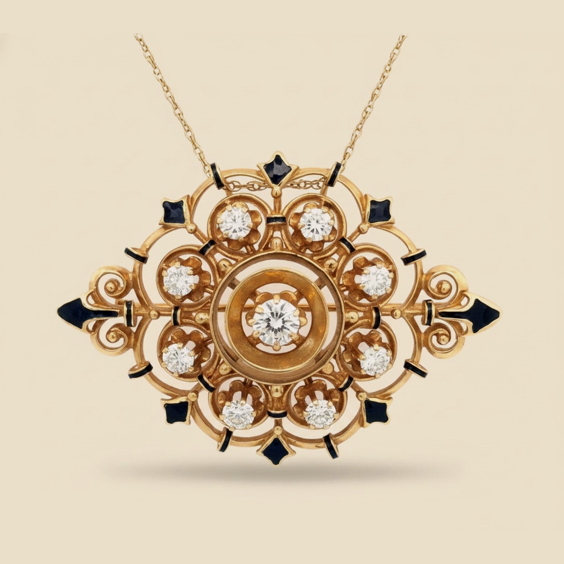 Yellow Gold Openwork Black Enamel and diamond Starburst Pendant