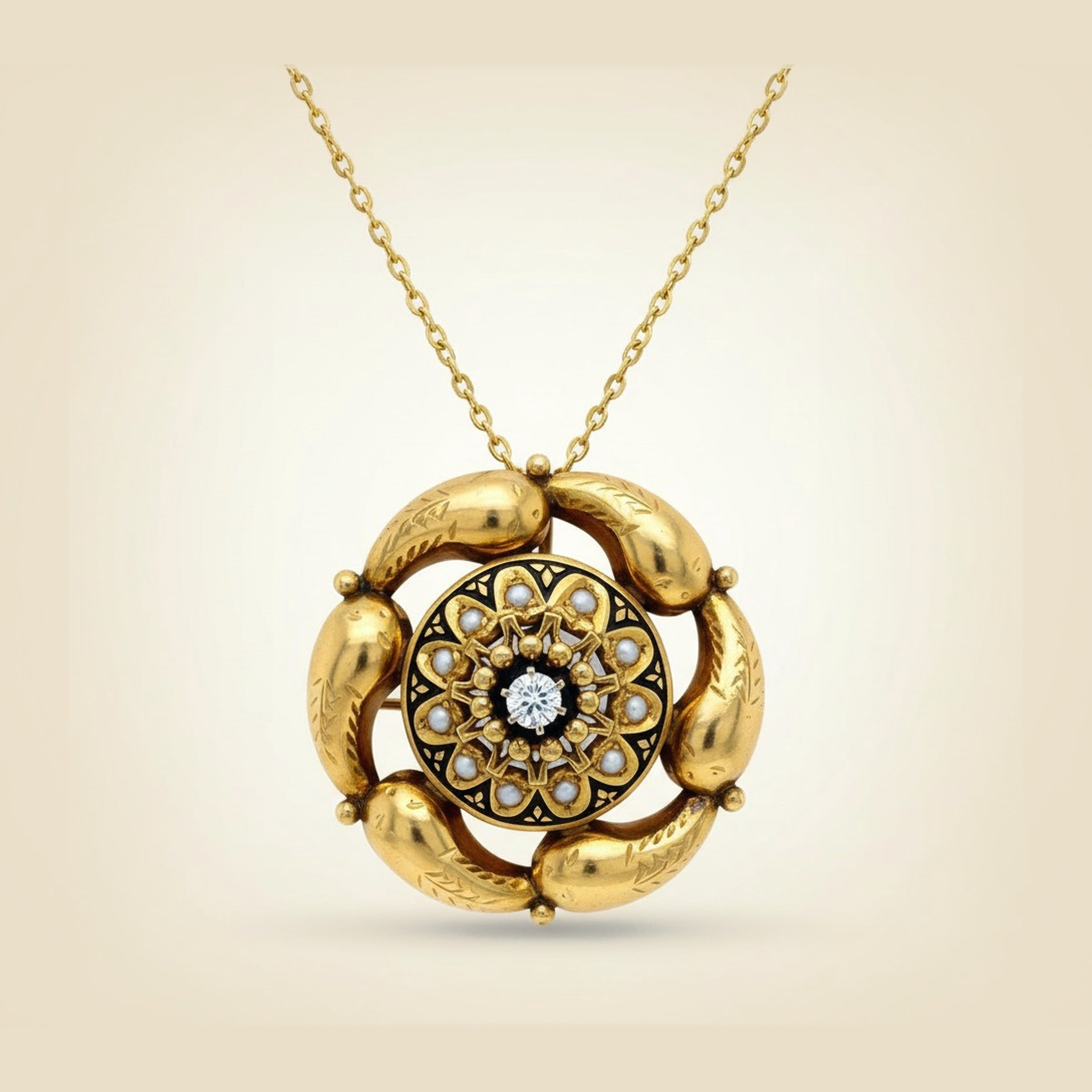 Yellow Gold Ornate Diamond Circle Pin/Pendant