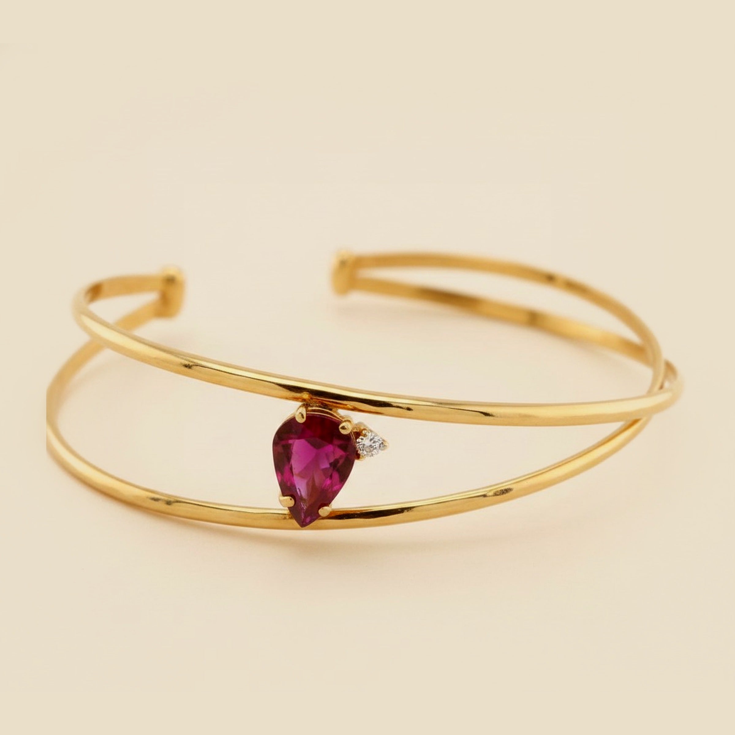 Yellow Gold Ruby & Diamond Crossover Cuff Bracelet