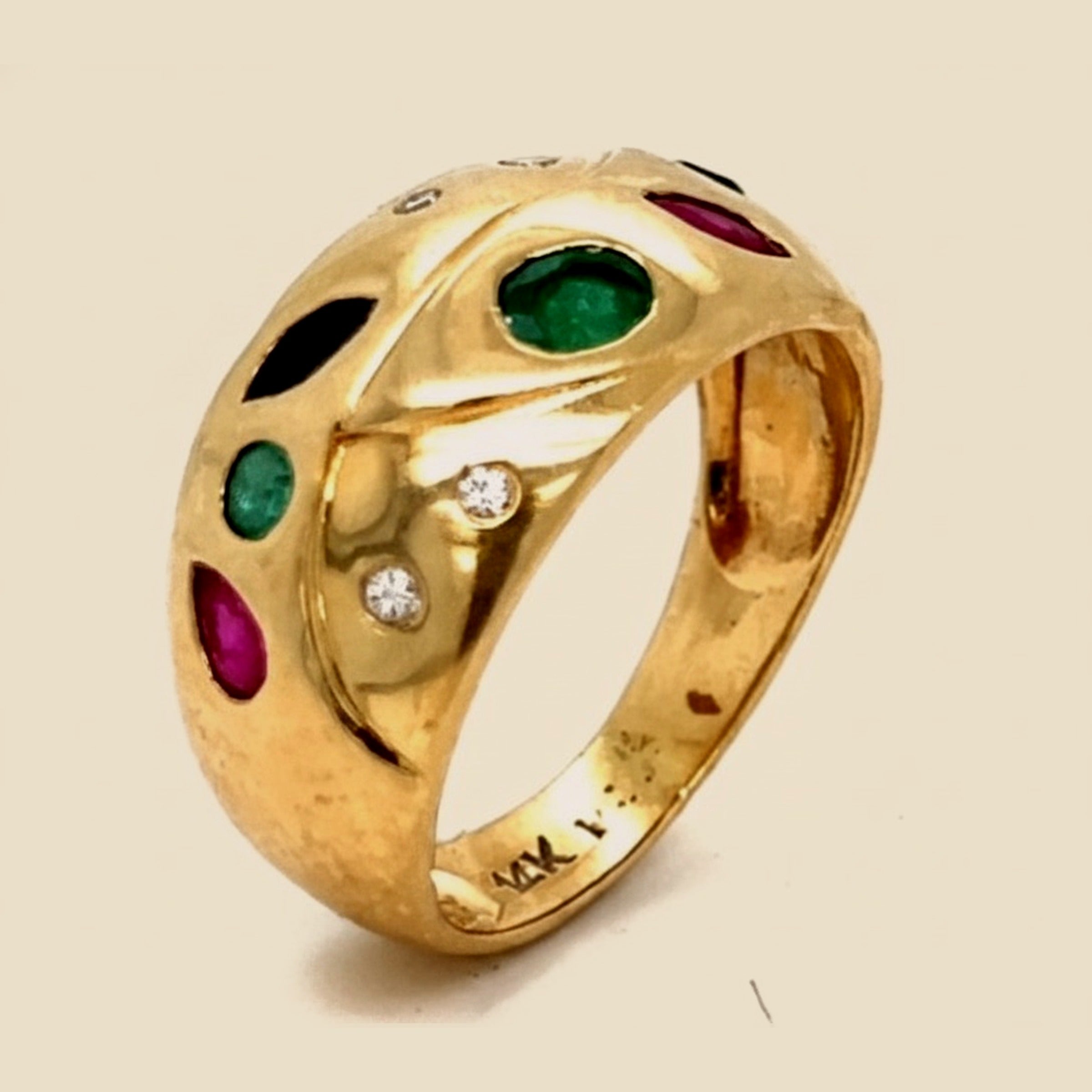 Yellow Gold Ruby, Sapphire, Emerald, and Diamond Dome Ring