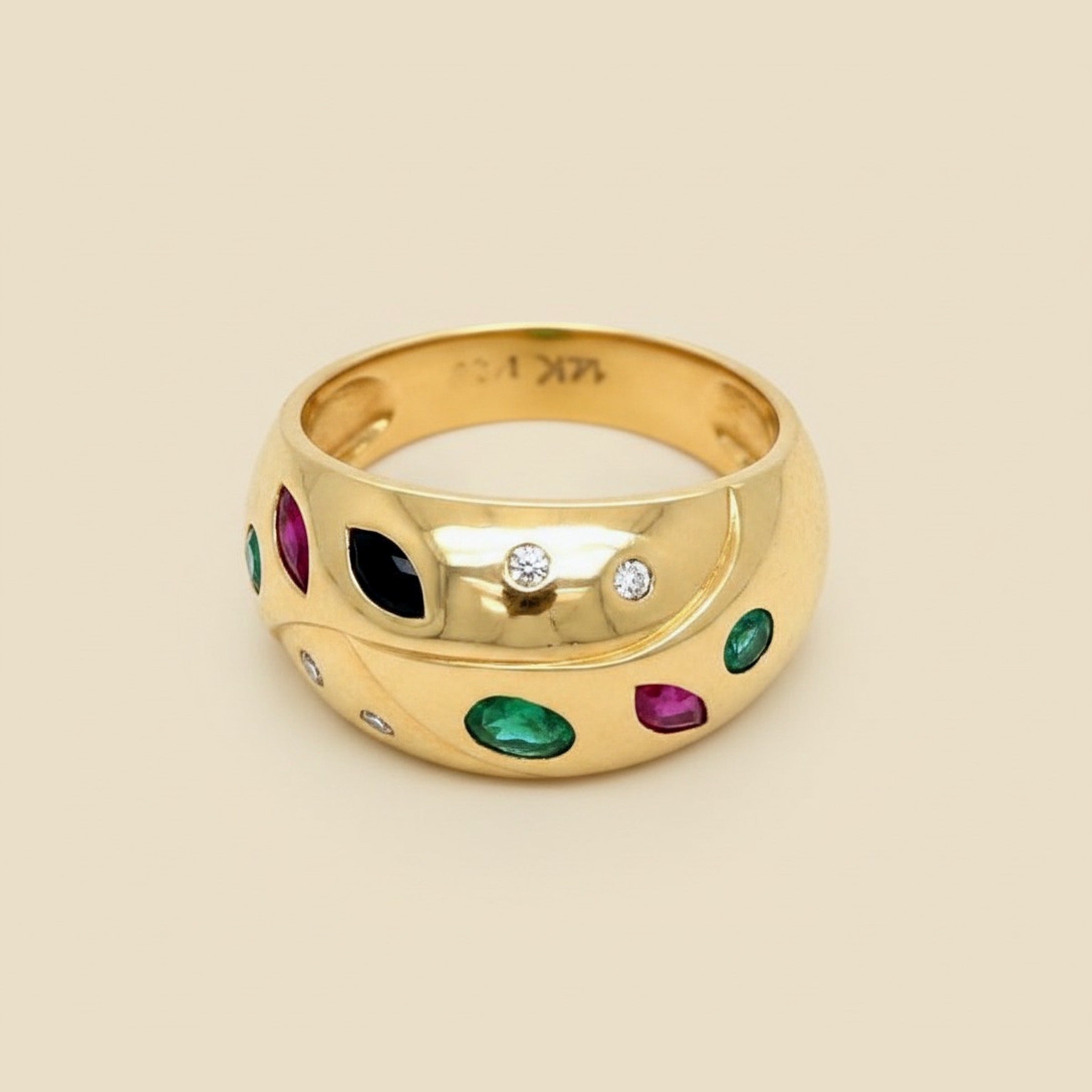 Yellow Gold Ruby, Sapphire, Emerald, and Diamond Dome Ring