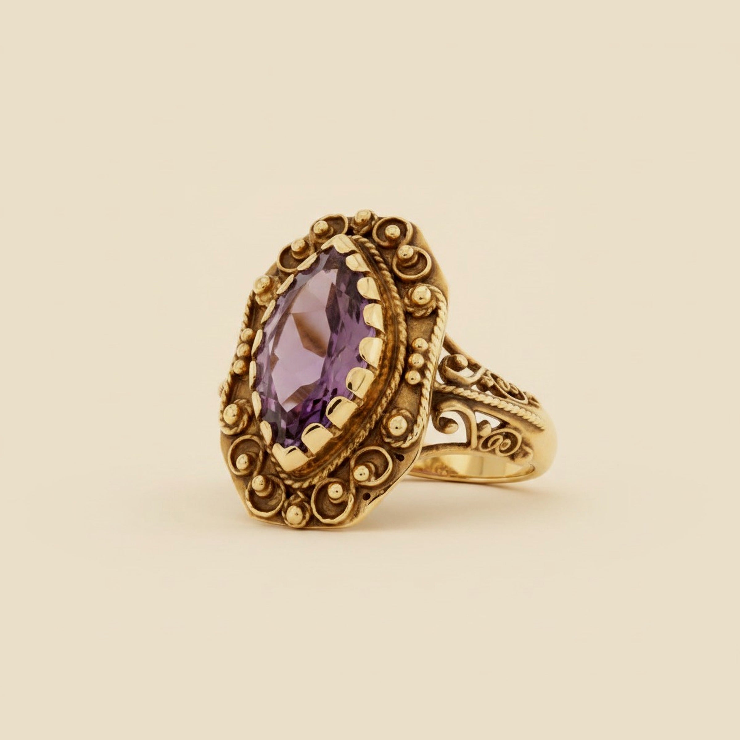 Yellow Gold Scroll & Bead-work Design Amethyst Ring – Empire Diamond