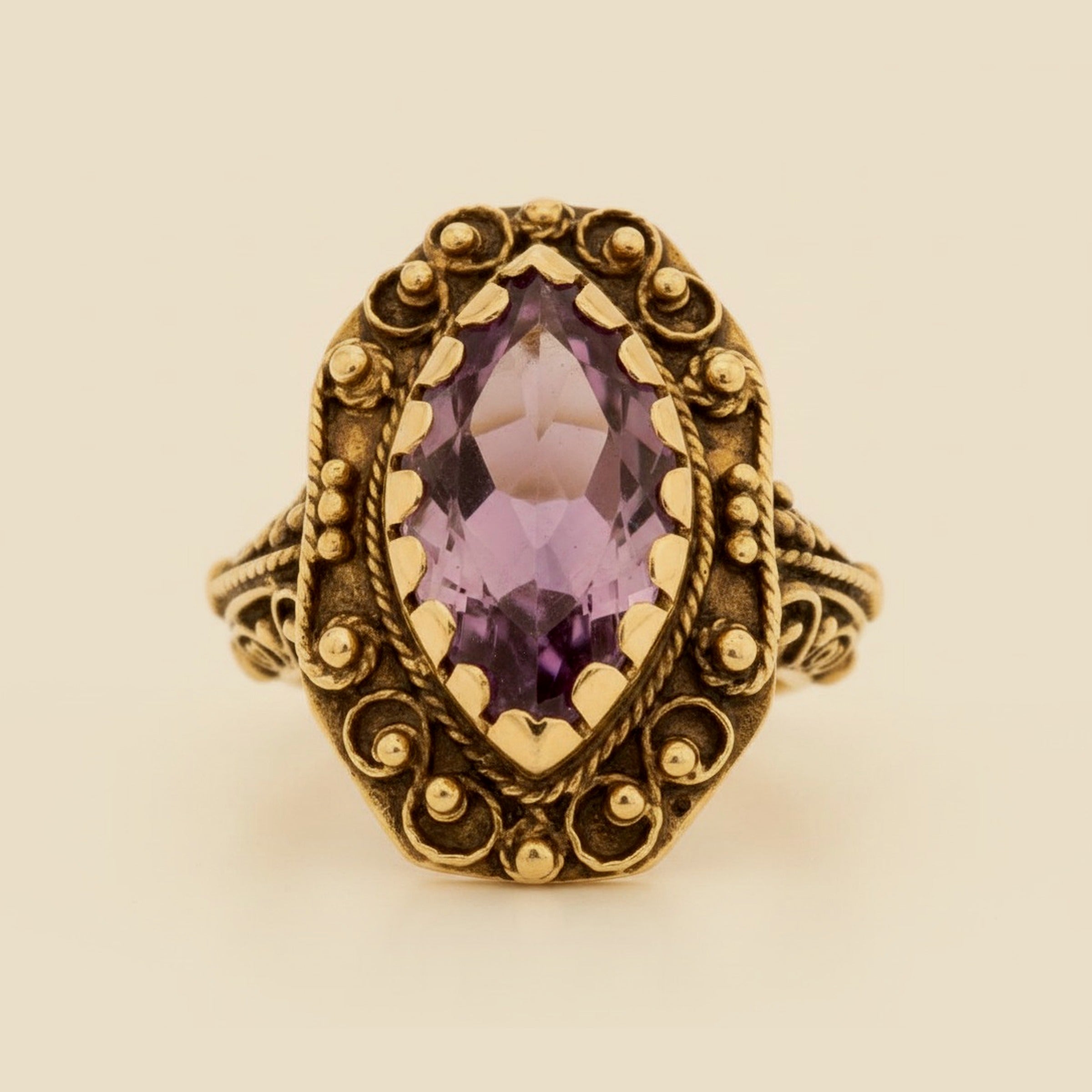Yellow Gold Scroll & Bead-work Design Amethyst Ring – Empire Diamond – view 2