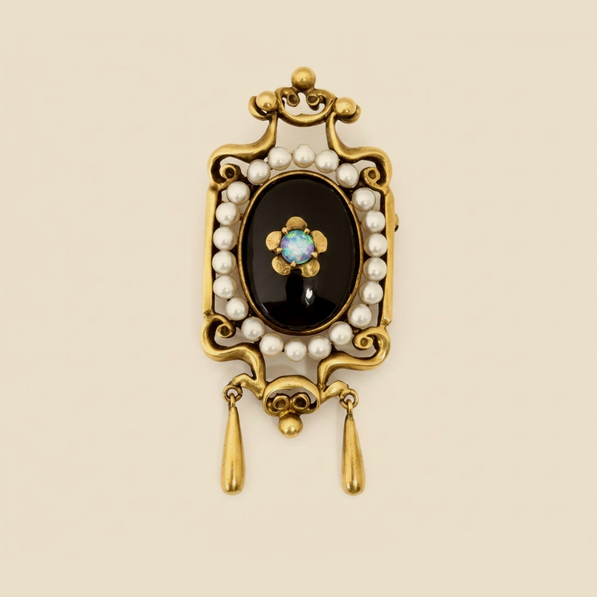 Yellow Gold Seed Pearl, Onyx and Opal Pin – Empire Diamond