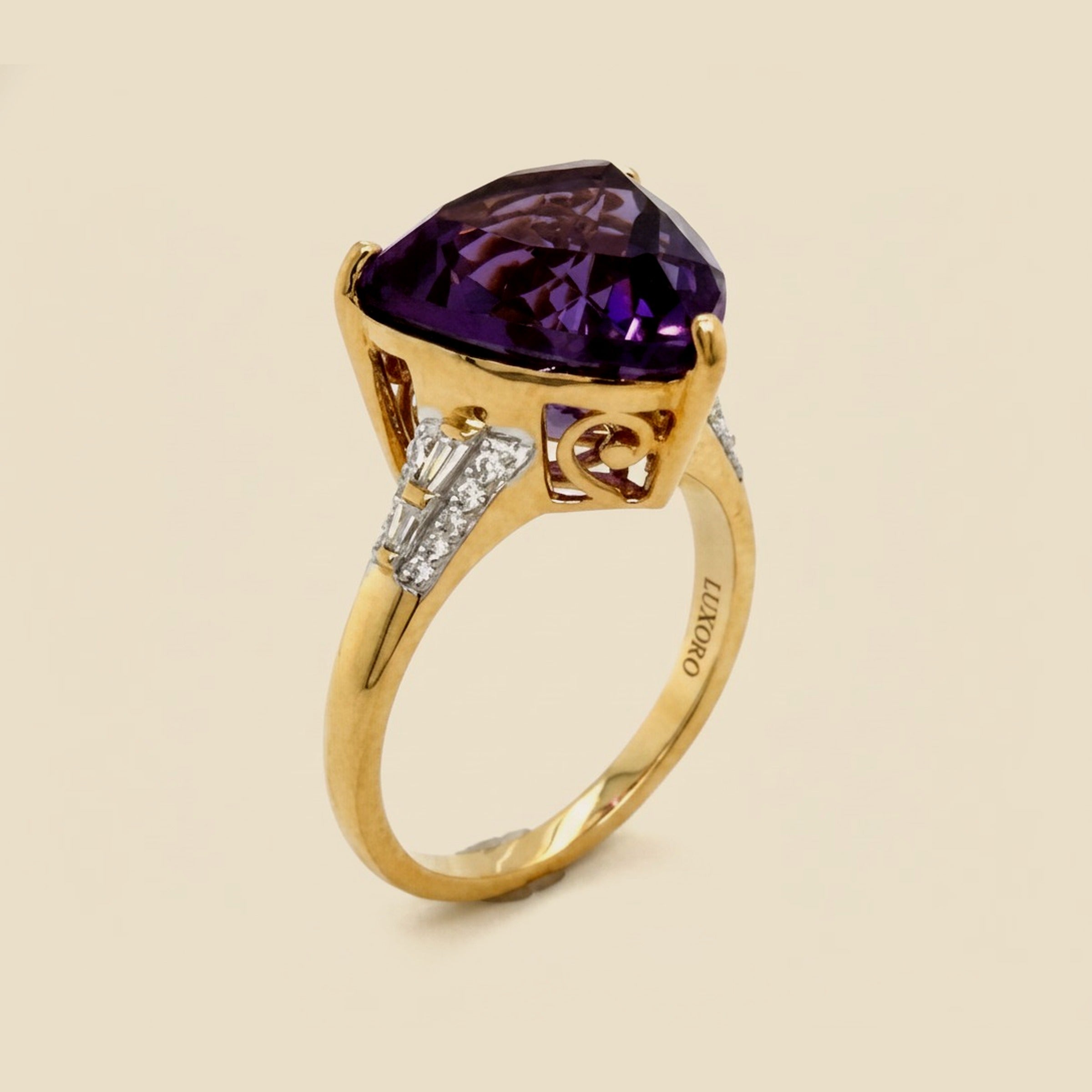Yellow Gold Shield Cut Amethyst & Diamond Ring