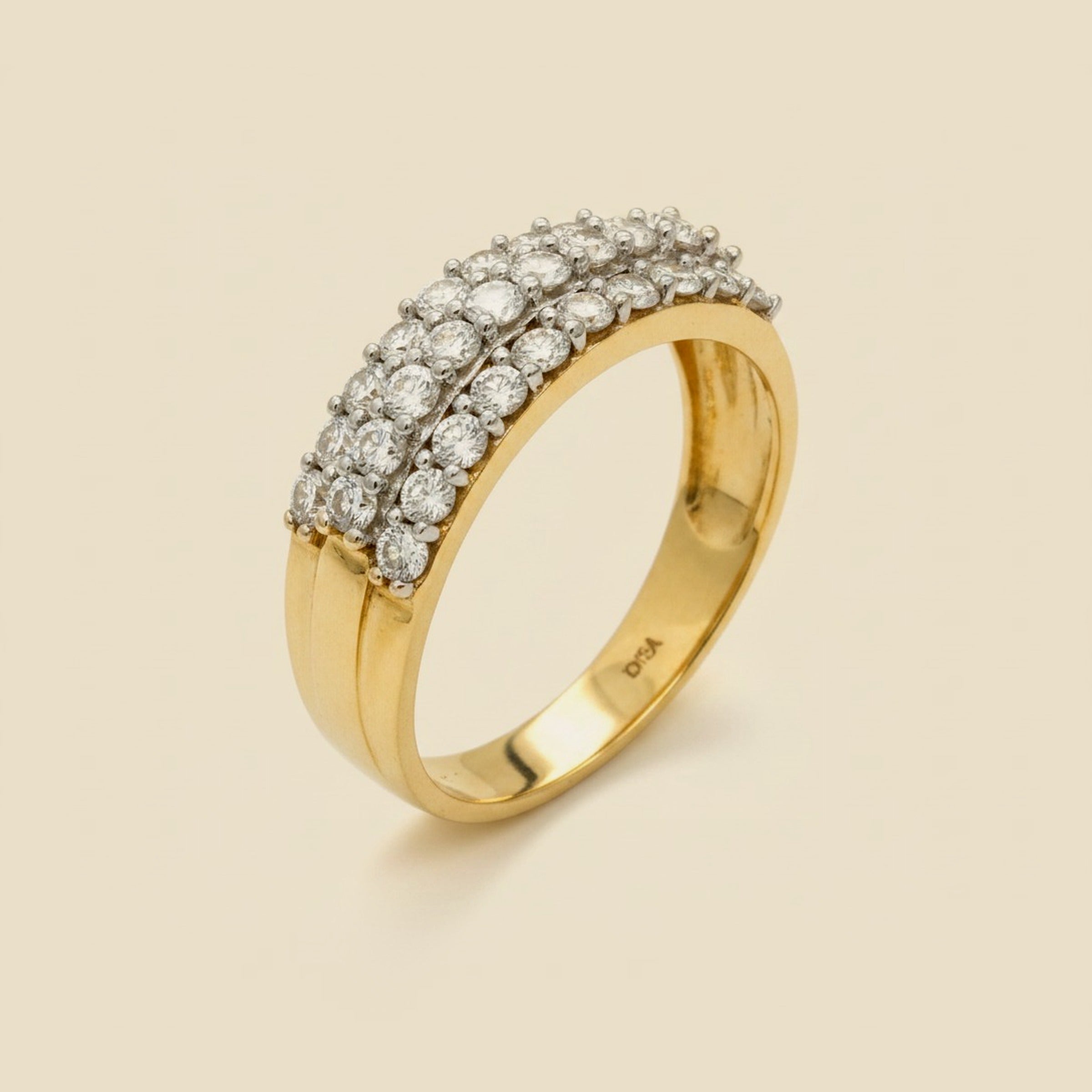 Yellow Gold with White Gold Prongs 3 Row Diamond Band